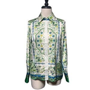 Rachel Zoe Silky Green Paisley Long Sleeve Button Up Blouse Size XS